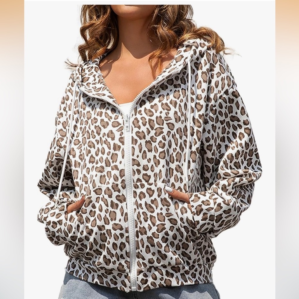 Camo Zip Up Hoodie Women Oversized Hooded Leopard Jacket Long Sleeve